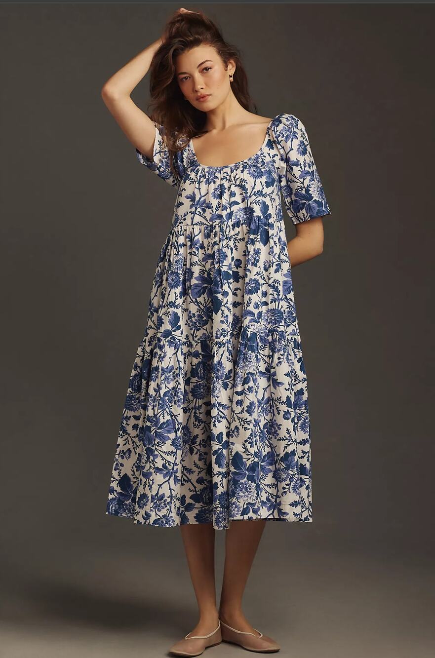 NWT Anthropologie Blue White Tiered Midi Dress - Large